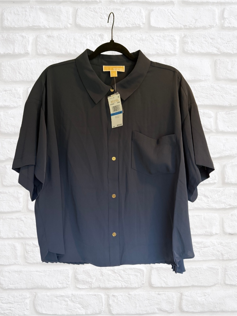 Michael Kors Navy Short-Sleeve Button-Down Shirt with Gold Buttons